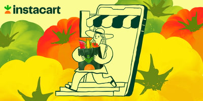 Instacart logo; graphic depicting person leaving a "store" with groceries through a mobile phone