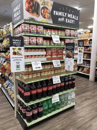 Family Meals Made Easy! endcap with IGA private label and national brand products