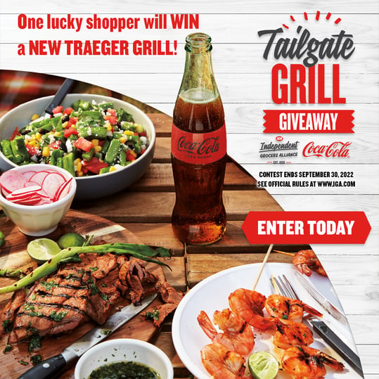 One lucky shopper will win a new Traeger grill! | Tailgate Grill Giveaway from Independent Grocers Alliance and Coca-Cola