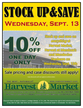 Digital announcement reading: Harvest Market 10% off one day only