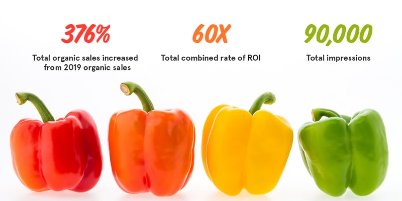 376% total organic sales increase from 2019; 60x combined rate of ROI; 90,000 impressions