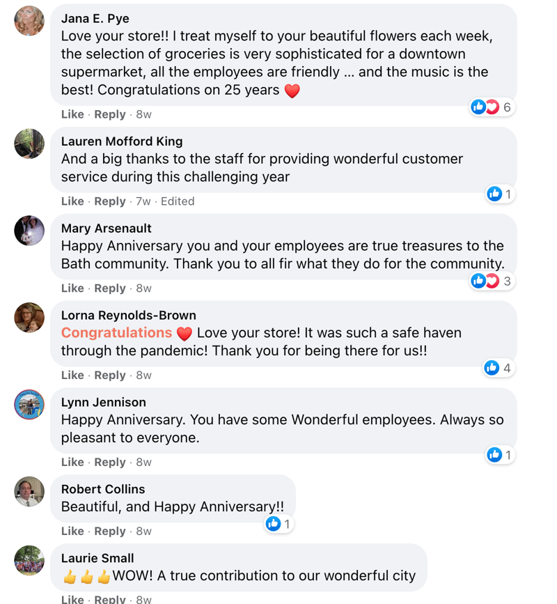 Comments from Brackett's Market anniversary Facebook post