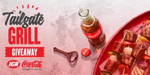 Tailgate Grill Giveaway: IGA Coca-Cola / Photo of kebabs and a bottle of Coca-Cola