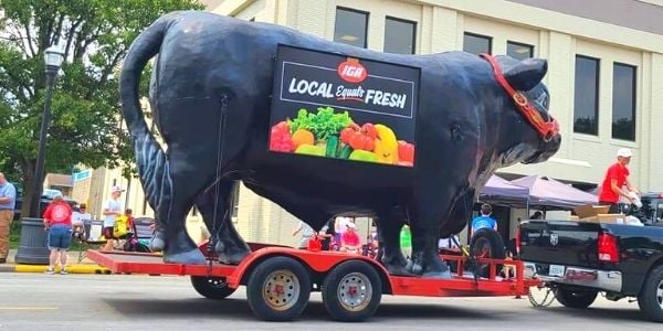 Houchen's IGA Angus Bull float, with IGA Local Equals Fresh sign