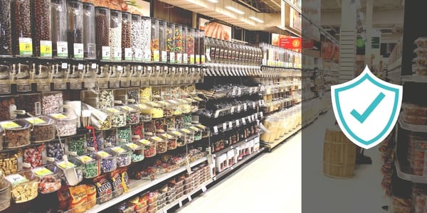 Grocery aisle with cyber security icon