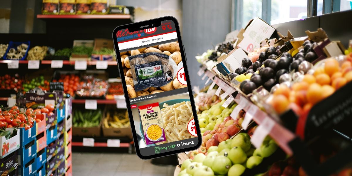 McKim's IGA digital ad on phone in a grocery store