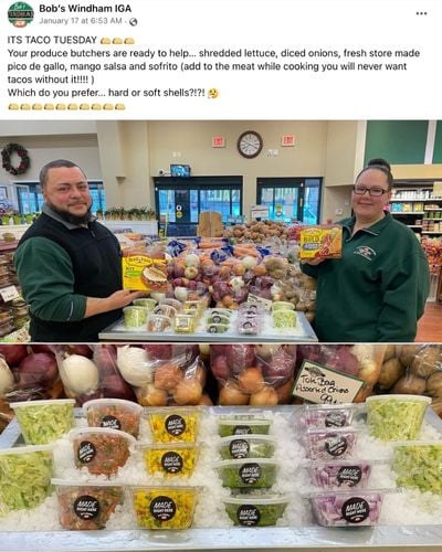 Bob's Windham IGA post with photos of taco ingredients prepped on ice.