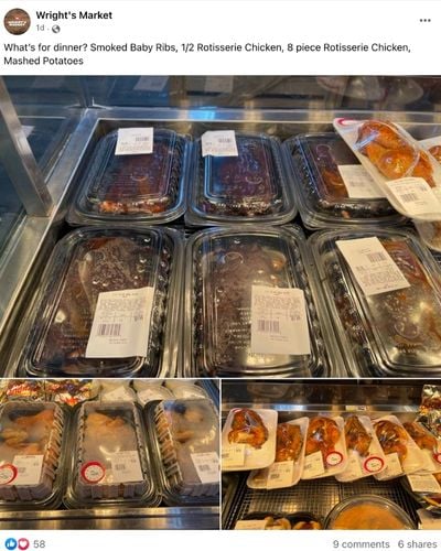 Wright's Market Facebook post with photo of ribs, chicken, and mashed potatoes ready to eat