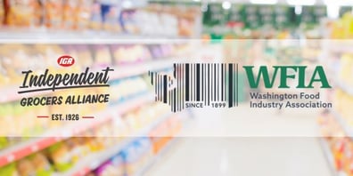 Independent Grocers Alliance logo and WFIA logo on grocery aisle background