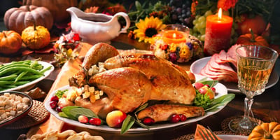 Turkey, stuffing, and holiday food on a table