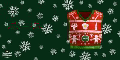 Independent Grocers Alliance "ugly" holiday sweater vest on green background with snowflakes