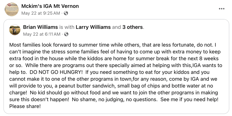 McKim's IGA Facebook post offers food to those in need