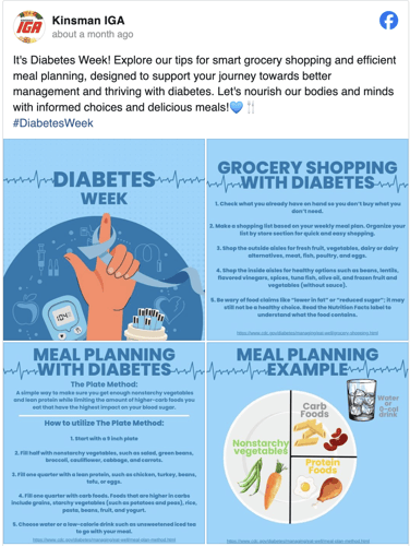 Kinsman IGA Diabetes Week social post with meal planning tips for diabetics