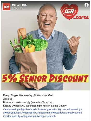Minford IGA senior discount 5% social media post