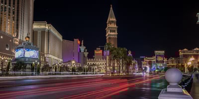 A view of the Las Vegas Strip, including Harrah's, at night