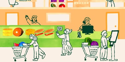 Graphic of caper carts at a grocery store, along with a kitchen