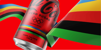 Coca-Cola Zero Sugar can on red background with ribbon