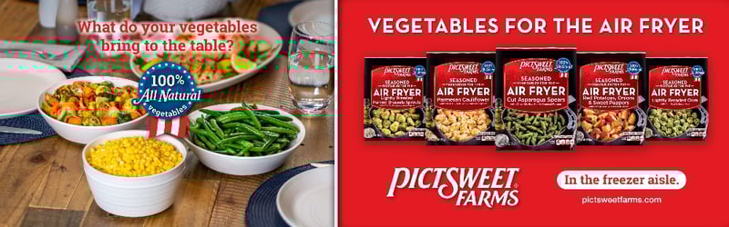 "What do your vegetables bring to the table? 100% all natural vegetables" text on photo of corn, mixed vegetables, and green beans in separate bowls on the table