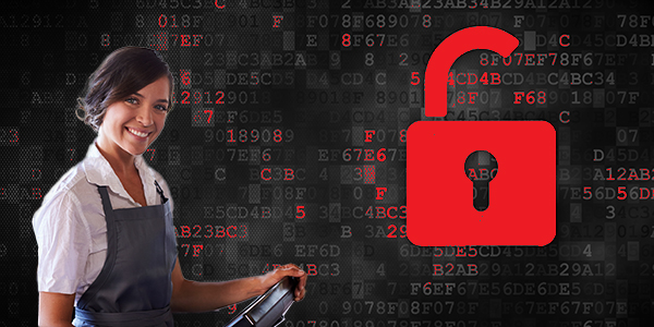 A grocery worker stands in front of a checkout machine; background of computer coding and an open lock