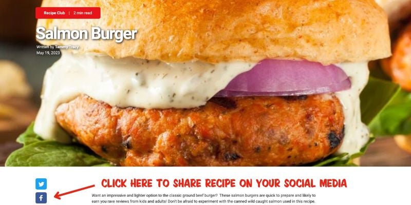 salmon burger recipe with arrow showing where to click to share on social