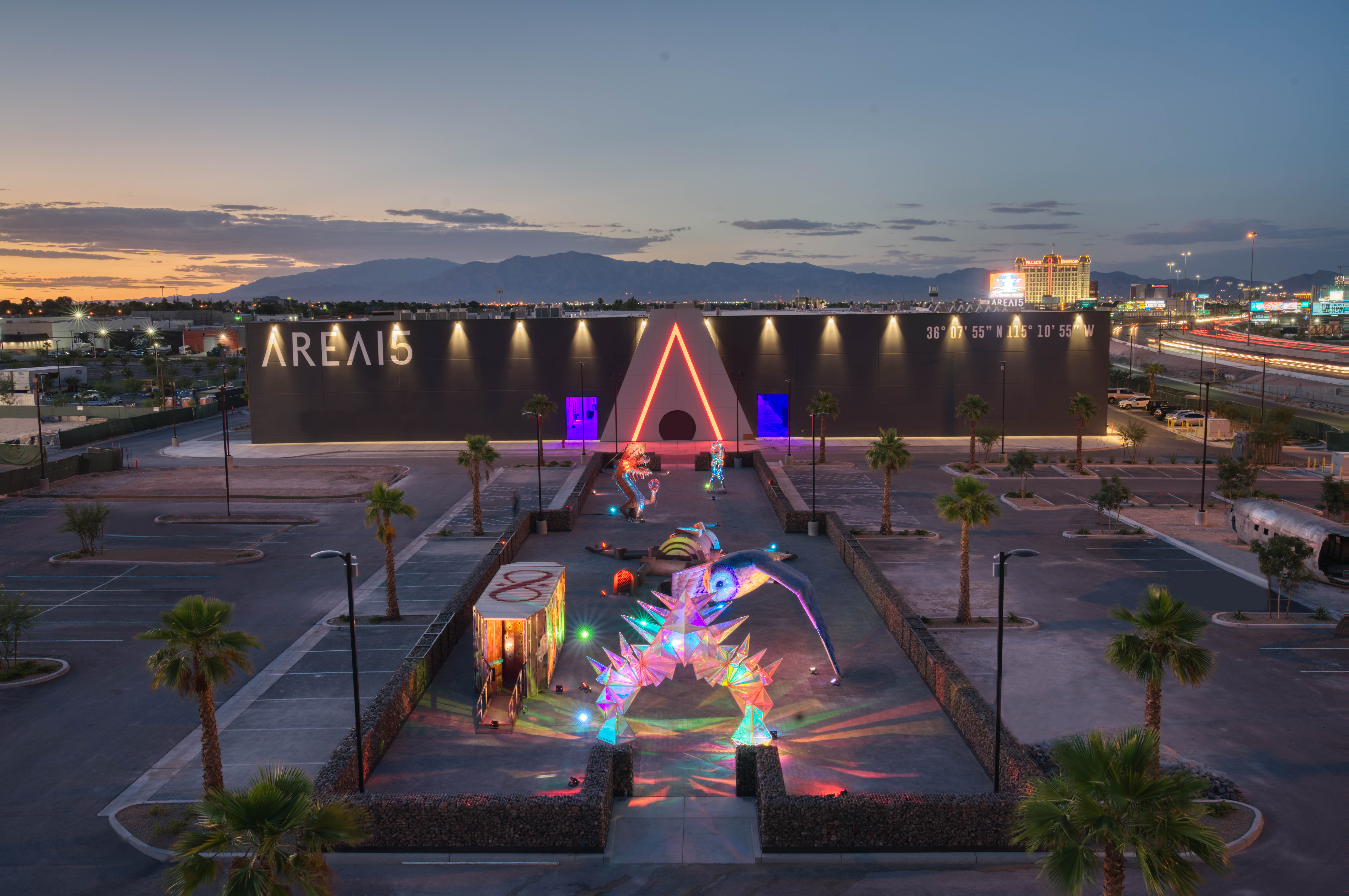 Area 15's exterior with neon sculptures