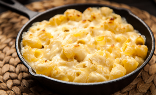 Homemade mac and cheese in a skillet