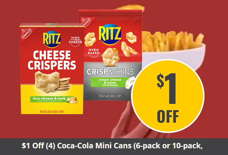 $1 Off (2) NABISCO RITZ Chips (8.1 oz.), RITZ CRISP & THINS (7.1 to 8.1 oz.), RITZ Family Size TOASTED CHIPS (10 to 11.4 oz.) or RITZ CHEESE CRISPERS (7 oz.)
