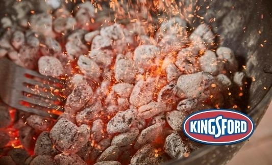 hot charchoal on grill with Kingsford logo